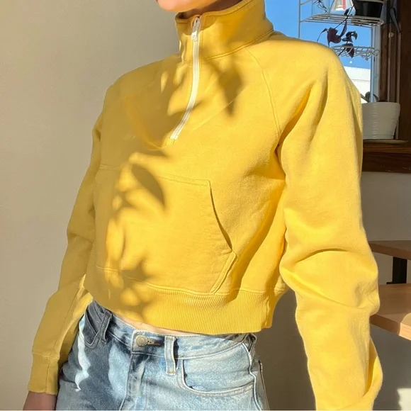 Brandy Melville John Galt Yellow Cropped Half Zip Sweatshirt - Picture 4 of 6